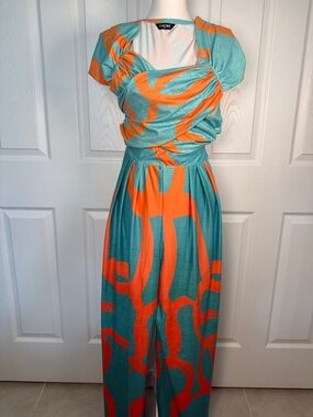 Retro Palooza wide legs jumpsuit romper Turquoise and Orange Abstract